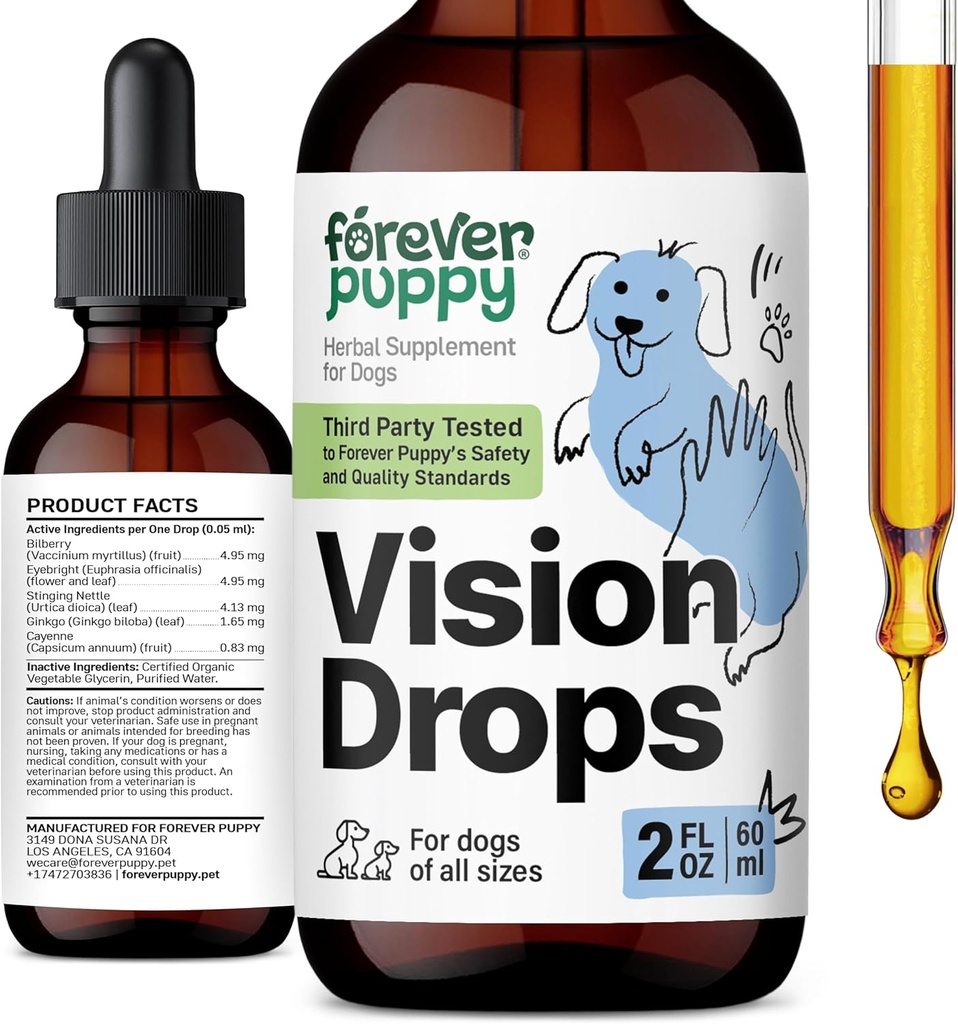 Forever Puppy Vision Doplnky pre psy - Tinktúra očí w/Bilberry & Eyebright Herb - Všetky plemená a veľkosti - Liquid Dog Food Supplements for Vision Support & Eye Cur & Alco-Free - 2 oz