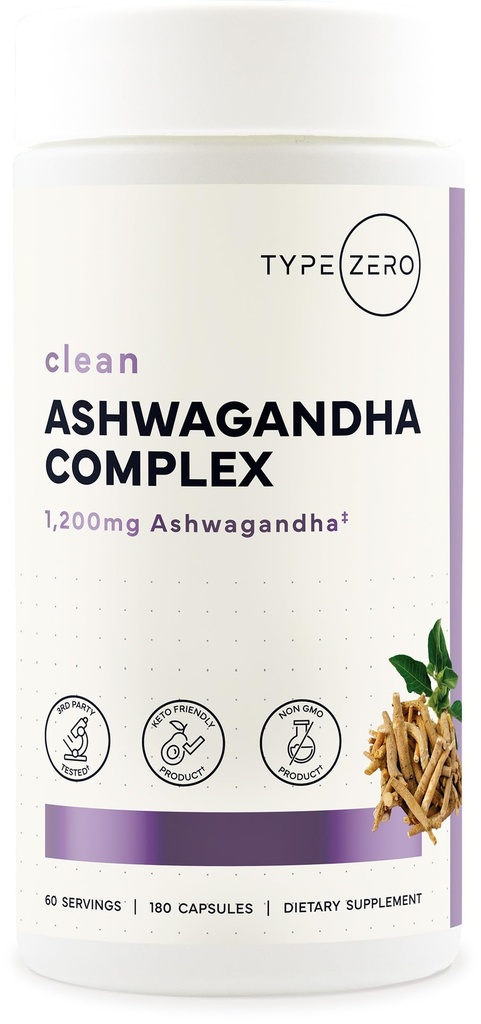 Typ Zero KSM-66 Ashwagandha Root Extract 1,200mg, 60 Serviv - Vysoká potencia 5% Withanolides - s Turmeric, Rhodiola Rosea a BioPerin Black Pepper Extract - 180 Veggie Caps
