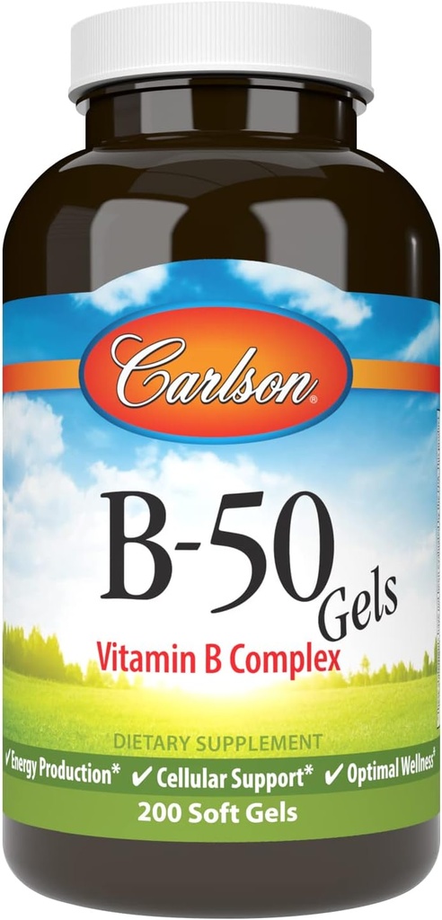 Carlson - B-50 Gels, vitamín B komplex, výroba energie, podpora buniek a optimal Wellness, 200 Softgels