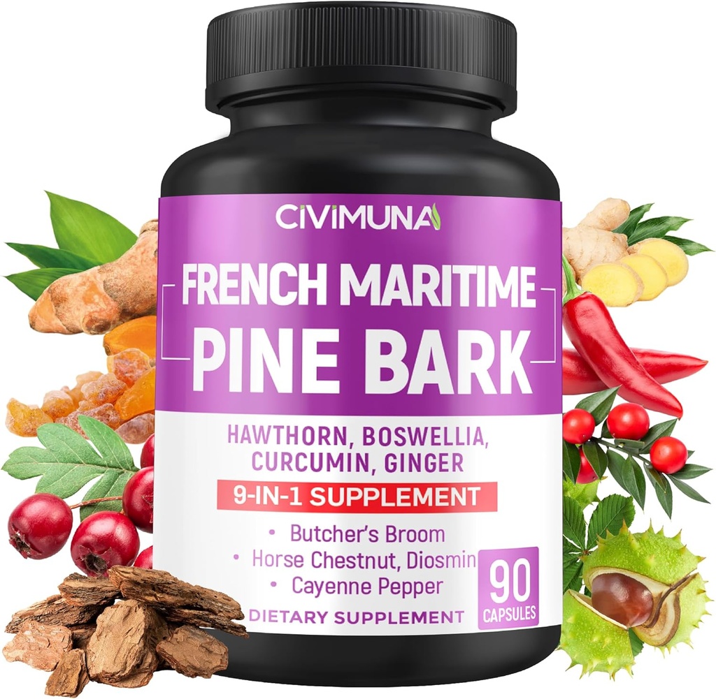 French Maritime Pine Bark Capsulas with French Maritime Pine Bark, Hawthorn, Bosweillia and More - 90 Kapsule od 3 Monts Supply