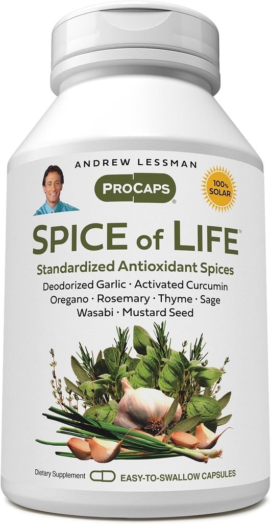 ANDREW LESSMAN Spice of Life 60 Kapsule - Osem vedecky stanovených extraktov, koncentráty. Zdravie-Podpora korenia. cesnak, kurkumín, Oregano, rozmarín, šalvia, tymián, horčicové semeno, Wasabi