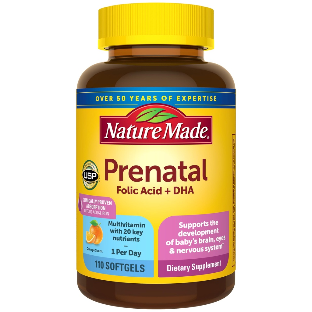 Prírodné prenatálne s kyselinou listovou + DHA, prenatálne vitamíny a minerály doplnok pre každodennú výživu podporu, 110 Softgels, 110 Day Supply