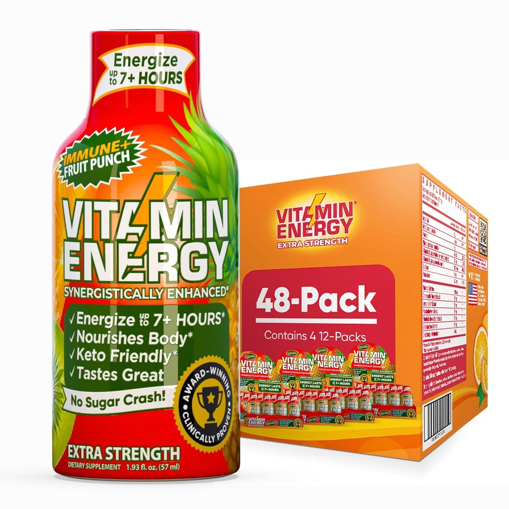 Vitamín Energy Immune+ Extra sila Energia Shot Fruit Punch 48 Balenie, 260 mg Prírodný kofeín, B-vitamíny, Citrikolína, Zelený čaj, Imunita a Focus Podpora, Zero Cukor, Gluten-free 1,93 fl oz