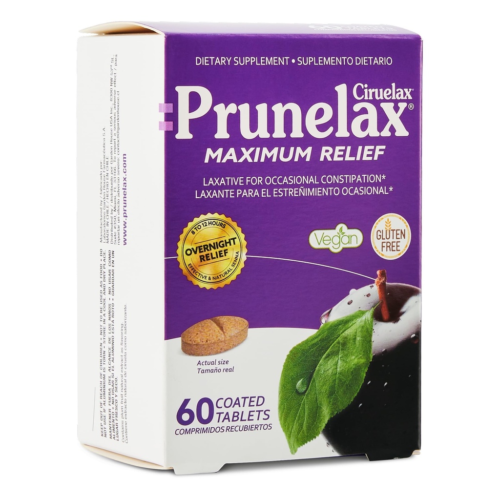 Prun relax Cirulax Maximálna úľava Laxatívne tablety s prírodnou sennou pre príležitostné zápcha, Senna Extract, Vegan & Gluten-free, Gentle Jednodňové Relief - 60ct