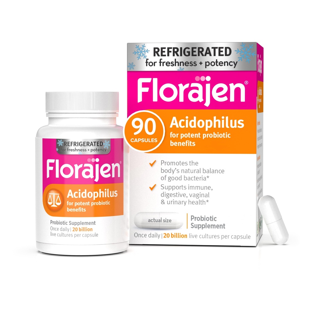 Florajen Acidophilus Probiotiká, Gut Health, Vaginal Health, a Immune Suplement, Zápcha a Bloating Relief pre dospelých, 90 Kapsule (chladené)