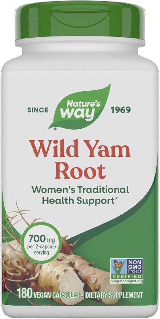 Nature's Way Wild Yam Root, Women's Traditional Health Support*, 700 mg per 2-Capsule Serving, Non-GMO Project Overené, 180 Vegan Capsules (Packaging May Vary)