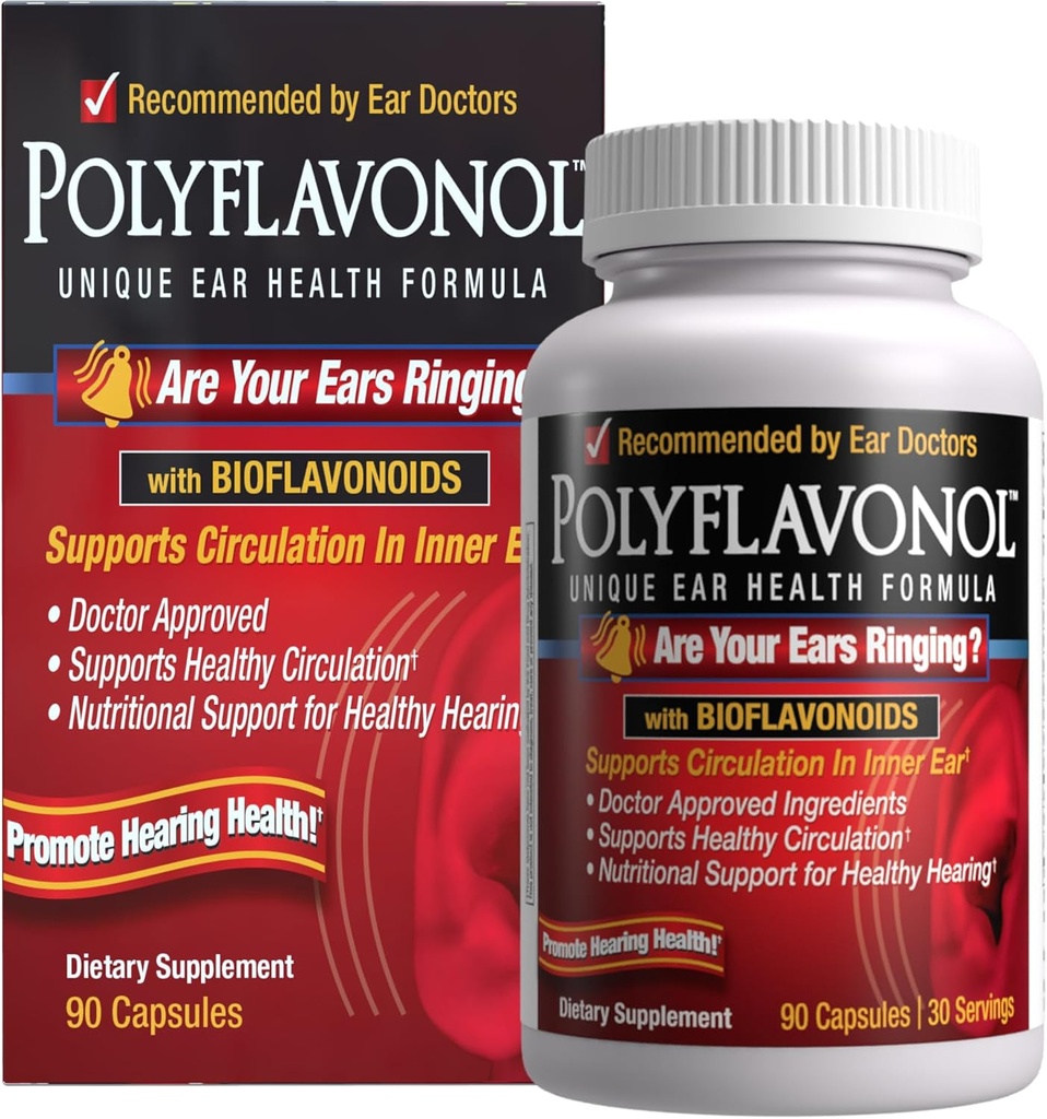 Polyflavonol s Bioflavonoidy, Tinnitus Relief, Unikátny Ušný zdravotný vzorec, Podpora zvonenie uší, podporuje cirkuláciu vo vnútornom uchu, podporuje sluchové zdravie, 90 Kapsule, 30 Podáva