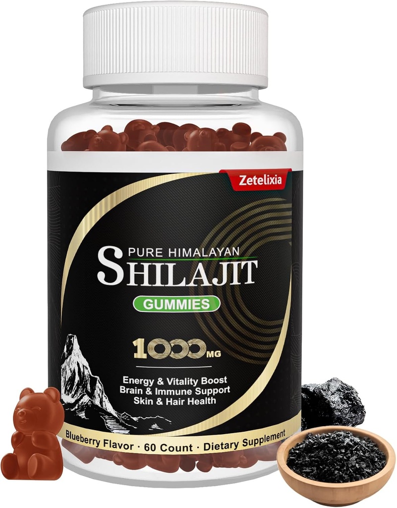 Shilajit Gummies, Pure Himalayan Shilajit Gummy pre mužov, Formula s Rhodiola Rosea, koreň ženšenu, Chaga, Vitamín D, Support Energy, Immune & Brain Health, Non-GMO, Vegan, 60 Počet