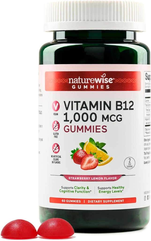NatureWise Vitamín B12 Gummies pre dospelých, 1000 mcg - Jahodová citrónová príchuť - podporuje dennú energiu, duševnú jasnosť, kognitívne funkcie - Vegan, Gluten-free, non-GMO - 60 Počet[1-Mesiac]