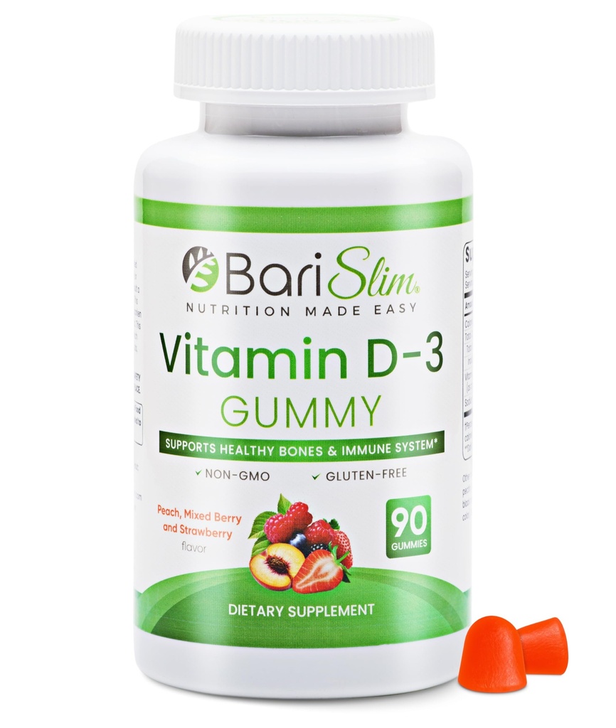 BariSlim Bariatric Vitamín D-3 Gummy - Špeciálne formulované Gumový vitamín pre pacientov po chudnutie Chirurgický zákrok - Ľahké strava a veľké ochutnávky ovocné príchute 90