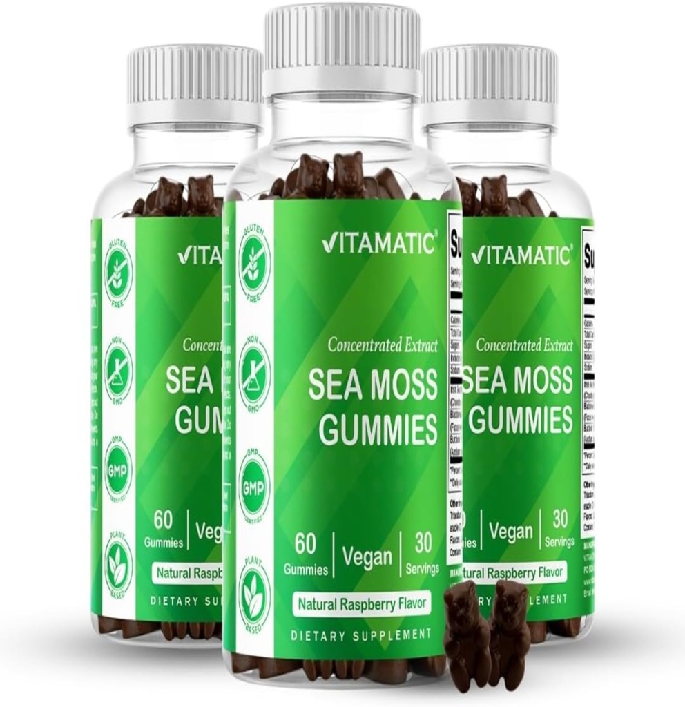 Vitamatic 3 Pack Irish Sea Moss Gummies- 3000mg Equivalent Per Serving (z extraktu 132,5 mg) - 60 Ct - Made with Bladderwrack & Burdock Root - Seamoss Supplement for Thyroid, Energy, Immune Support