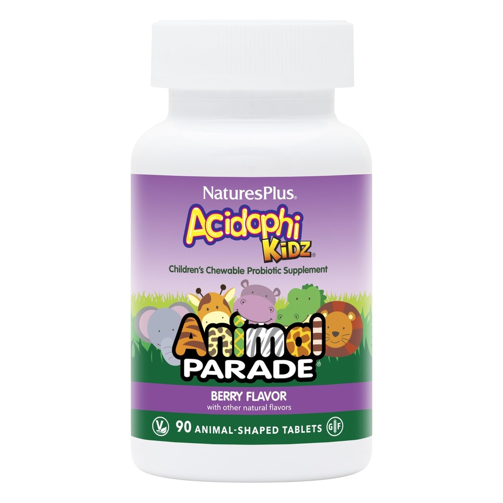 NaturesPlus Animal Parade AcidophiKidz, Berry Flavor - 90 Žuvateľné, Zvieracie-Shaped Tablety - Balenie 2 - s probiotikami, FOS & Grape Seed - 180 Celkový počet porcií