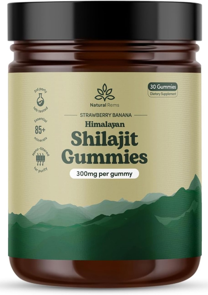 Natural Rems Organic Shilajit Gummies for Men and Women - Lab Tested - Made in USA - Pure Himalayan Organic - Fulvic Acid - Energy and Focus - Holistric Health Supplements (Jahoda Banana)