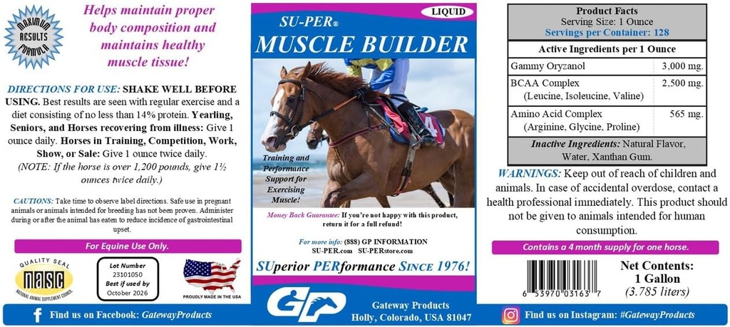 SU-PER svalovej Builder Horse Supplement - Tréning a podpora výkonu pre výkon svalovej - 1 Gallon, 4 mesiace