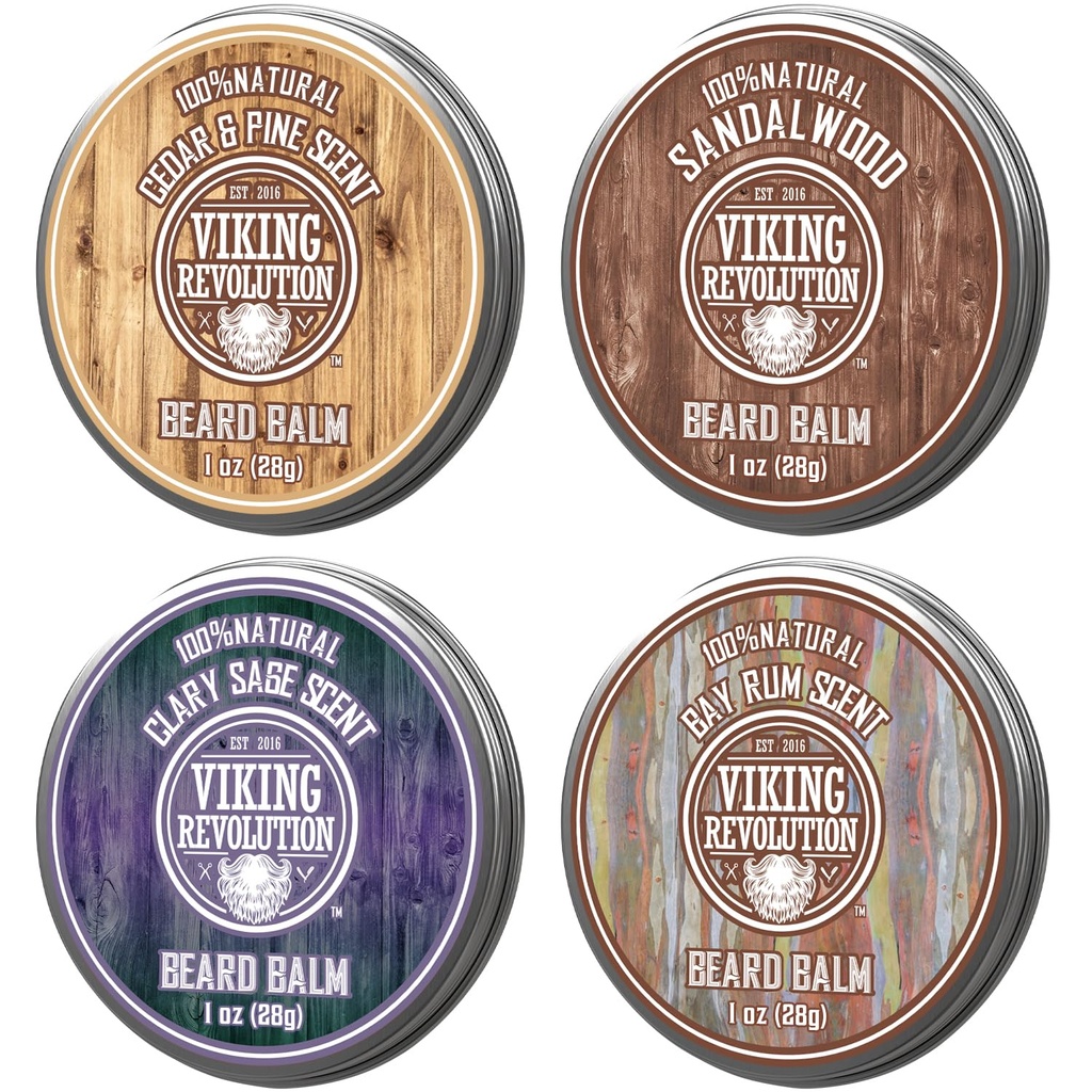 Viking Revolution 4 Bard Balm Variety Pack (1oz Each) - Sandalwood, Pine & Cedar, Bay Rum, Clary Sage - Štýly, Posilňuje a zjemňuje bradavice a fúzy - Wax pre mužov