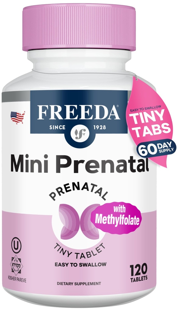 FREDA Mini prenatálny vitamín - Kosher Prenatals - Tiny Tablety ľahko prehltnúť - prenatálne vitamíny so železom, prenatálna kyselina listová/folát, vitamín D - pre Natal Multivitamín pre tehotné ženy (120)