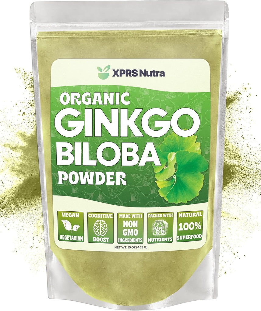 XPRS Nutra Organic Ginkgo Biloba Powder - Gingko Biloba Doplnky pre kognitívne - Vegan Friendly Ginkoba Biloba Organic - Imunity Boosting Ginkgo Biloba Powder (16 oz)