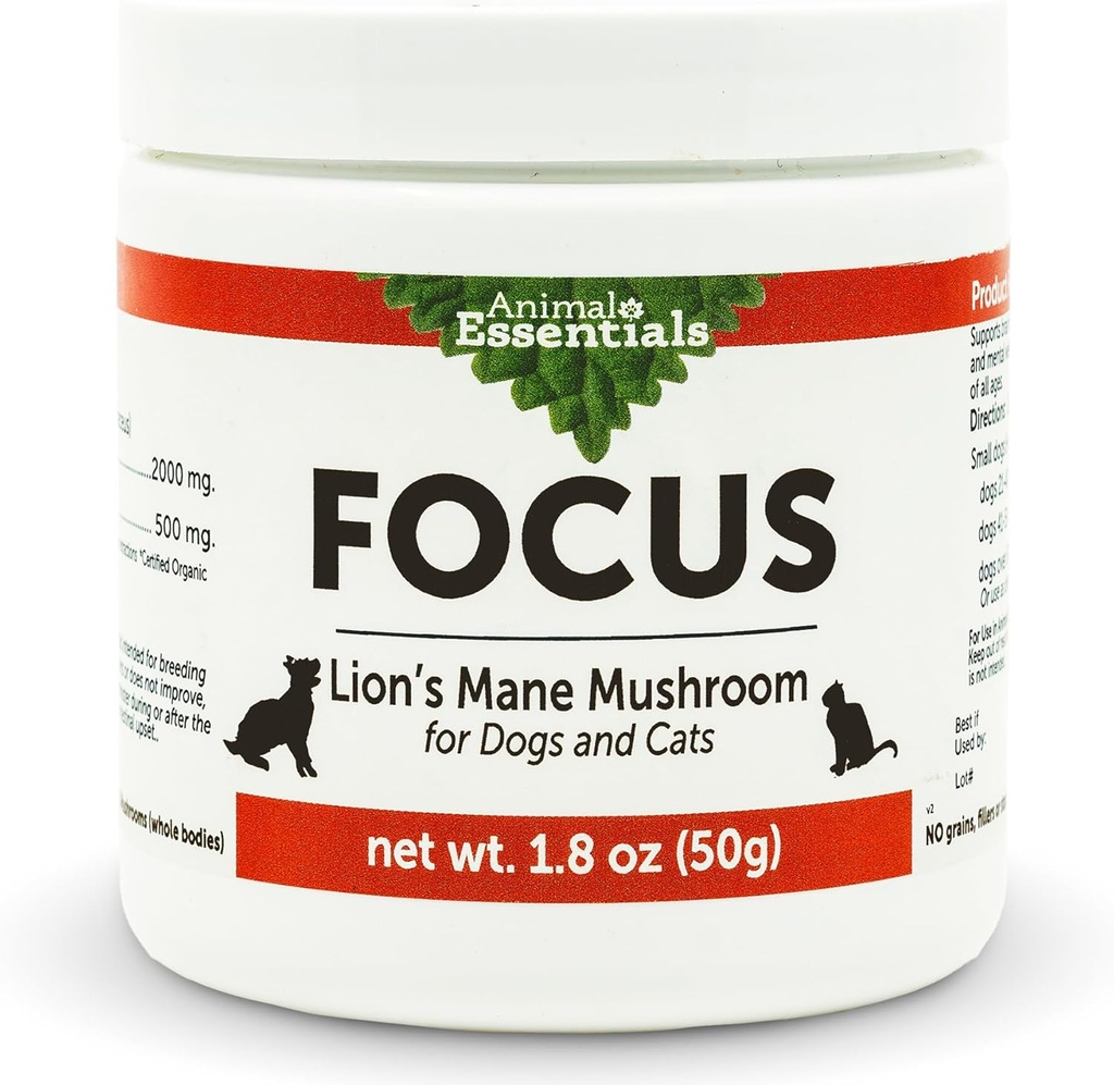Essentials Animals Focus Lions Mane Mushroom Supplement for Psy & Mačky - podporuje zdravie mozgu, kognitívne funkcie, zdravá imunitná odpoveď, Mushrom Powder Extract - 1.8 Oz (Pack of 1)