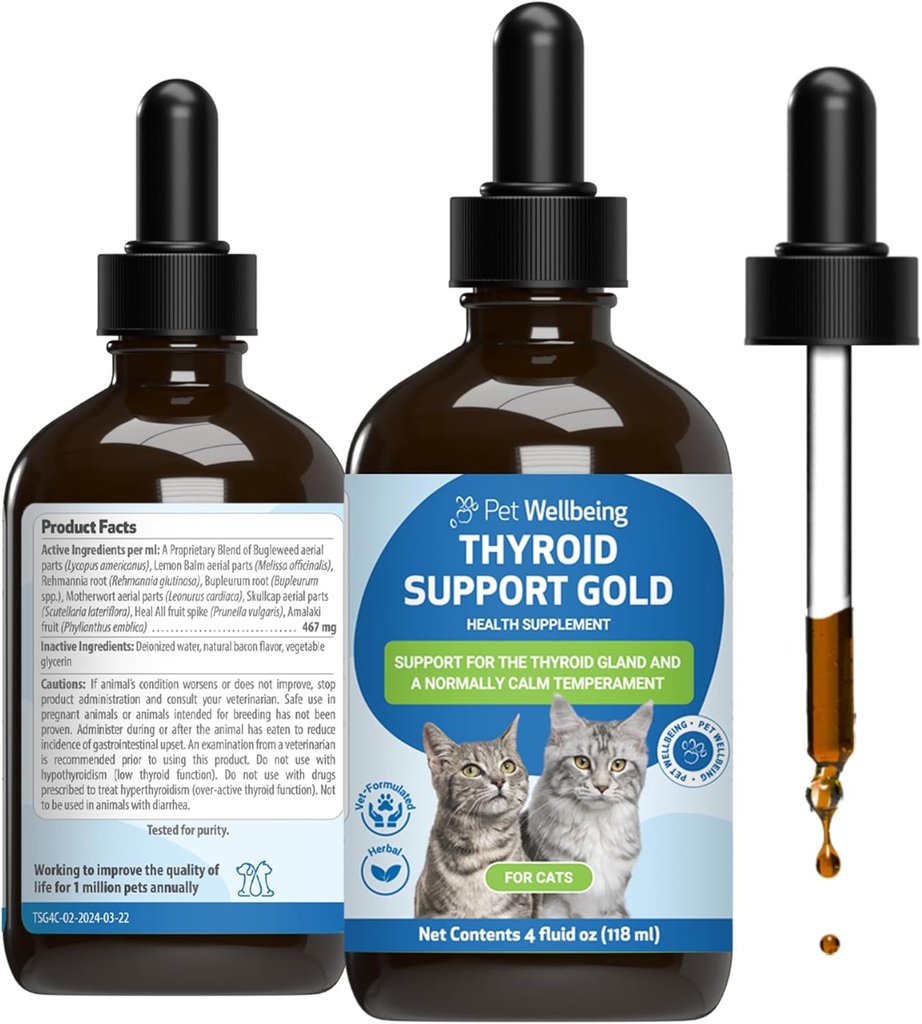 Pet Wellbeing Podpora štítnej žľazy Gold pre mačky - podporuje zdravú štítnu žľazu Gland Function v mačkách, Normálny metabolizmus, Bugleweed, citrónový balm - Veterinarian-formulované bylinné doplnok 4 fl oz (118 ml)