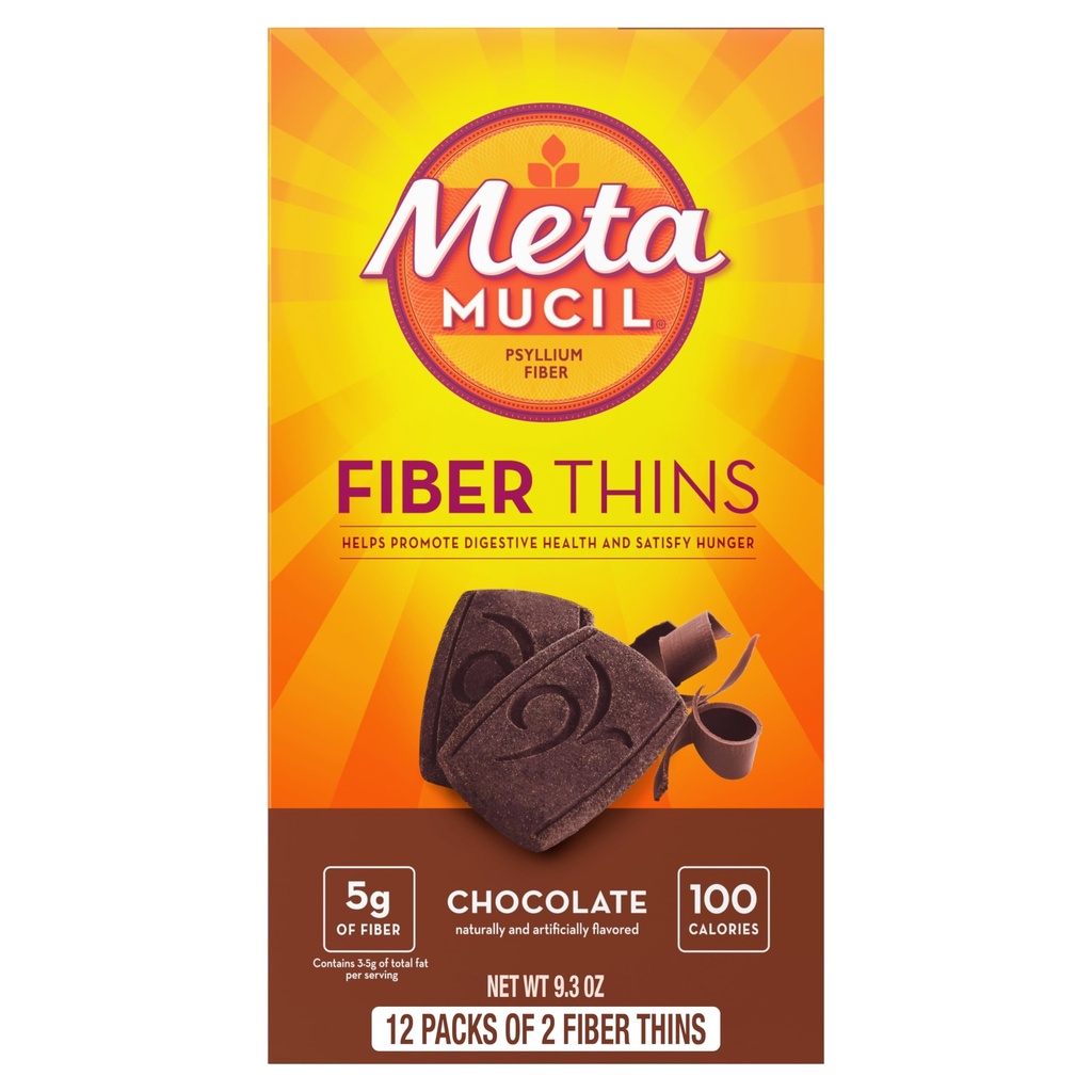 Metamucil Fiber Thins, Psyllium Husk Fiber Supplement, Tráviaca podpora zdravia a uspokojujúci hlad, čokoládové ochutené, 12 Servisov