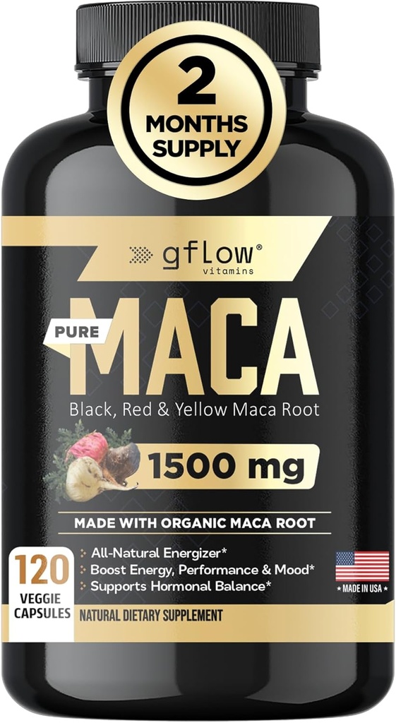 Organic Maca Root Capsules for Women & Men - Black, Red, Yellow Peruvian Maca Root Extract & Black Pepper - 120 Vegan Pills - Supports Energy, Performance & Mood | Made in USA