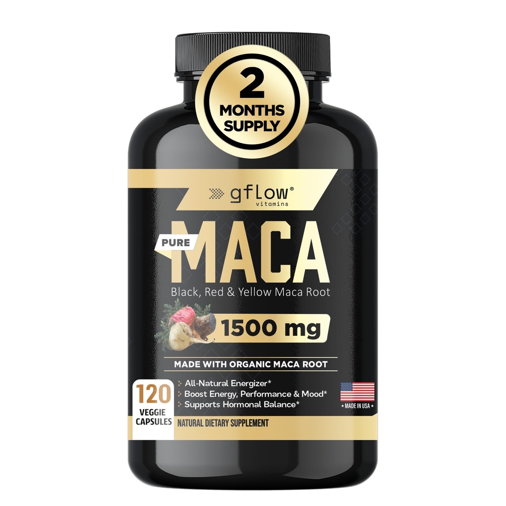 Organické Maca Root Kapsule pre Ženy a mužov - Čierna, červená, žltá Peruvian Maca Root Extract & Black Pepper - 120 Vegan Pills - Podpora energie, Výkon a nálada 