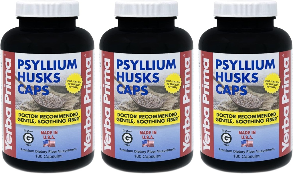 Yerba Prima Psyllium Husks Caps - 180 caps (Pack of 3) - Prírodné vlákna Supplement - Colon Cleaning - Non-GMO Gluten Free