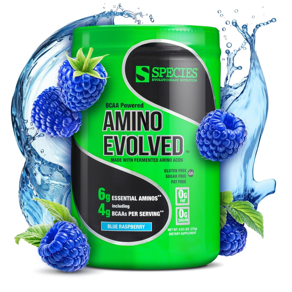 Species Nutrition Amino Evolved EAA & BCAA Powder, Fermented Branched Chain Amino Acides, Muscle Recovery & Endurance, Pre & Post Workout Supplement (Modrá malina, 30 Servings)