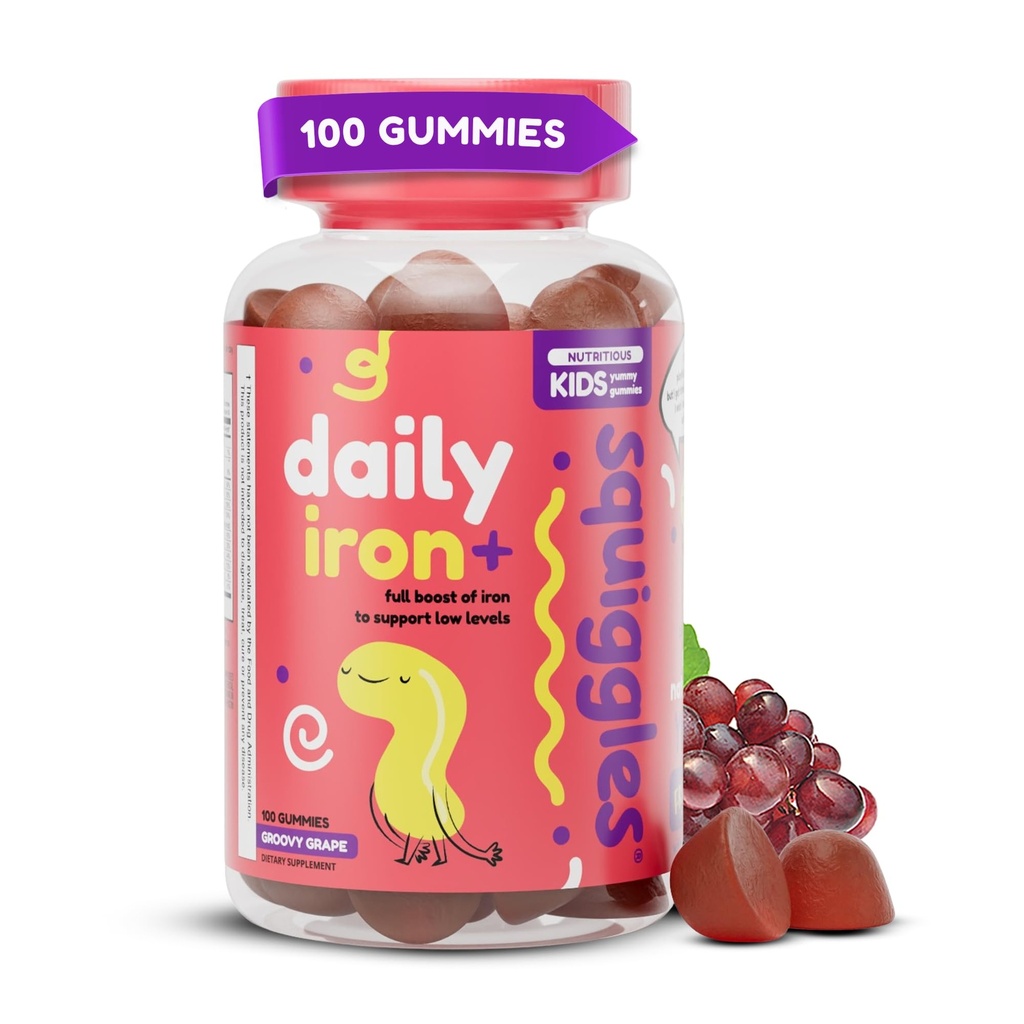 Šmýkačky Detské denné žehlička+ Gumičky - Žuvacie doplnky so železom, multivitamín pre deti, nízky cukor, Vegan, Batoľacie Gumies, Yummy Grape Flavor (100 Počet)