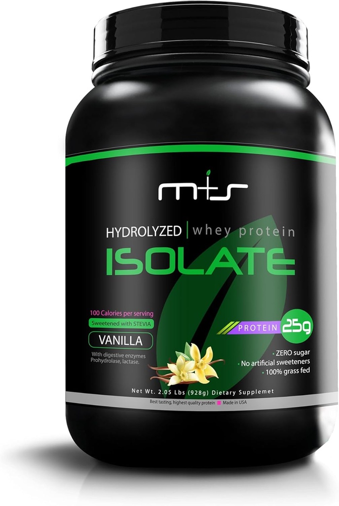 M+S 100% Grass Fed - Hydrolyzed Wheey Protein Isolát prášok - bez lepku, Rýchle Absorbovanie, Jednoduché trávenie, Stevia Sweeted (Vanilla, 2,05 Lb)