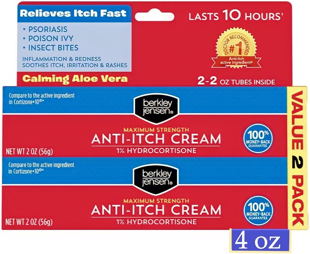 Berkley Jensen Maximálna sila Anti-Itch krém (4 oz.), s upokojujúce Aloe Vera, 1% Hydrokortizón Itch Relief pre ekzém, psoriáza, Bug Bites, Poison Ivy, Oak a Sumac, 2 oz. Tuba (dávka 2)