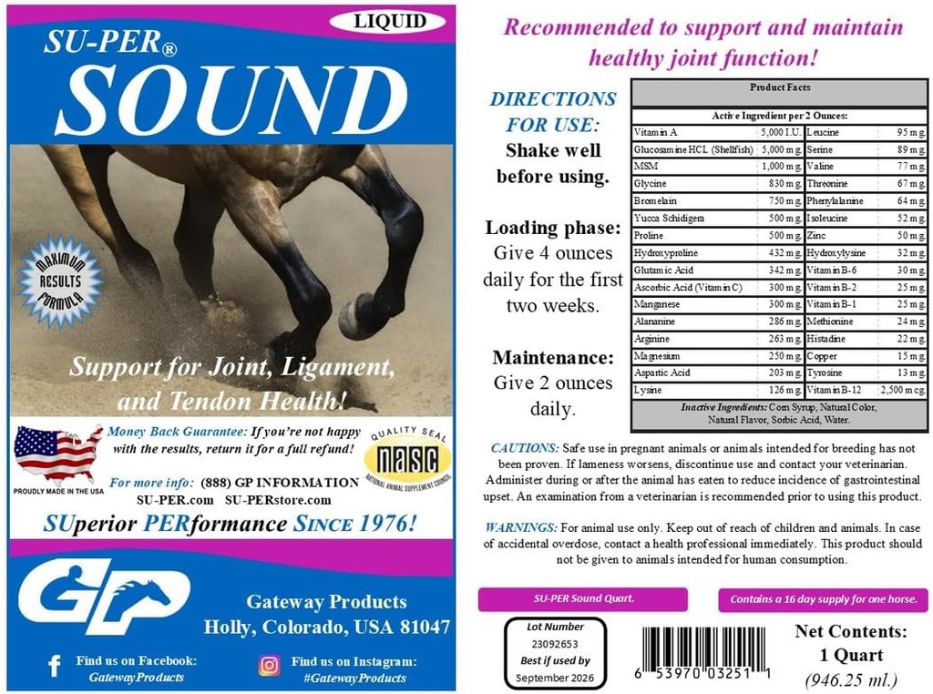 SU-PER zvuk spoločný kôň doplnok - Podpora pre spoločné, väzy, a Tendon zdravie - Konské vitamíny a minerály, glukozamín, MSM, hypromelaín, aminokyseliny, Lyzín - 1 Quart, (2 balenia)
