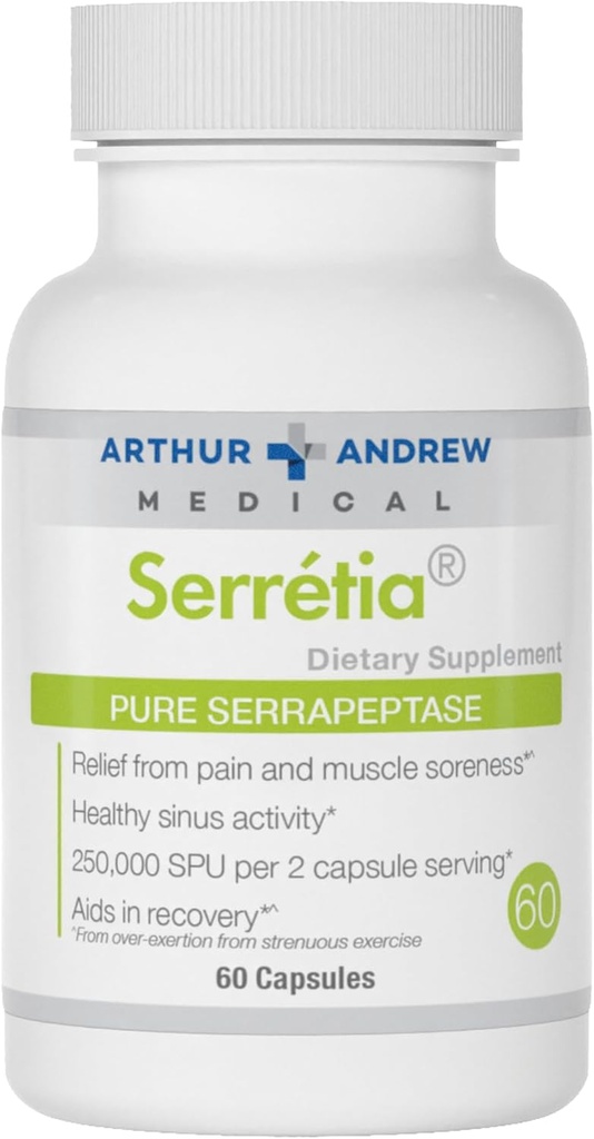 Arthur Andrew Medical, Serretia, Serrapeptase Formula pre svalovú a sínusovú podporu, 60 kapsúl