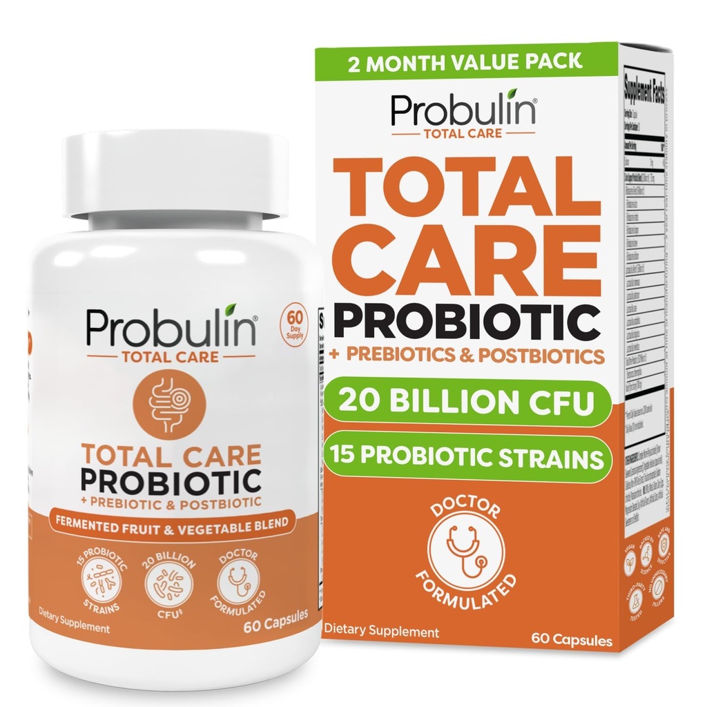 Probulin Total Care Probiotic Supplement, Daily Gut, Digestive, and Immune Health Probiotiká Kapsule pre mužov a ženy, 20 miliárd CFU, Vegan, 60 gróf fľašu