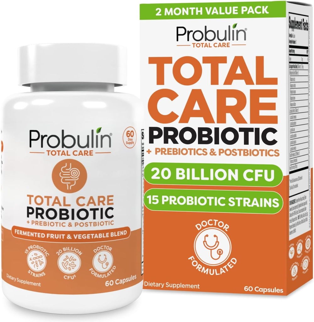 Probulin Total Care Probiotic Supplement, Daily Gut, Digestive, and Immune Health Probiotiká Kapsule pre mužov a ženy, 20 miliárd CFU, Vegan, 60 gróf fľašu