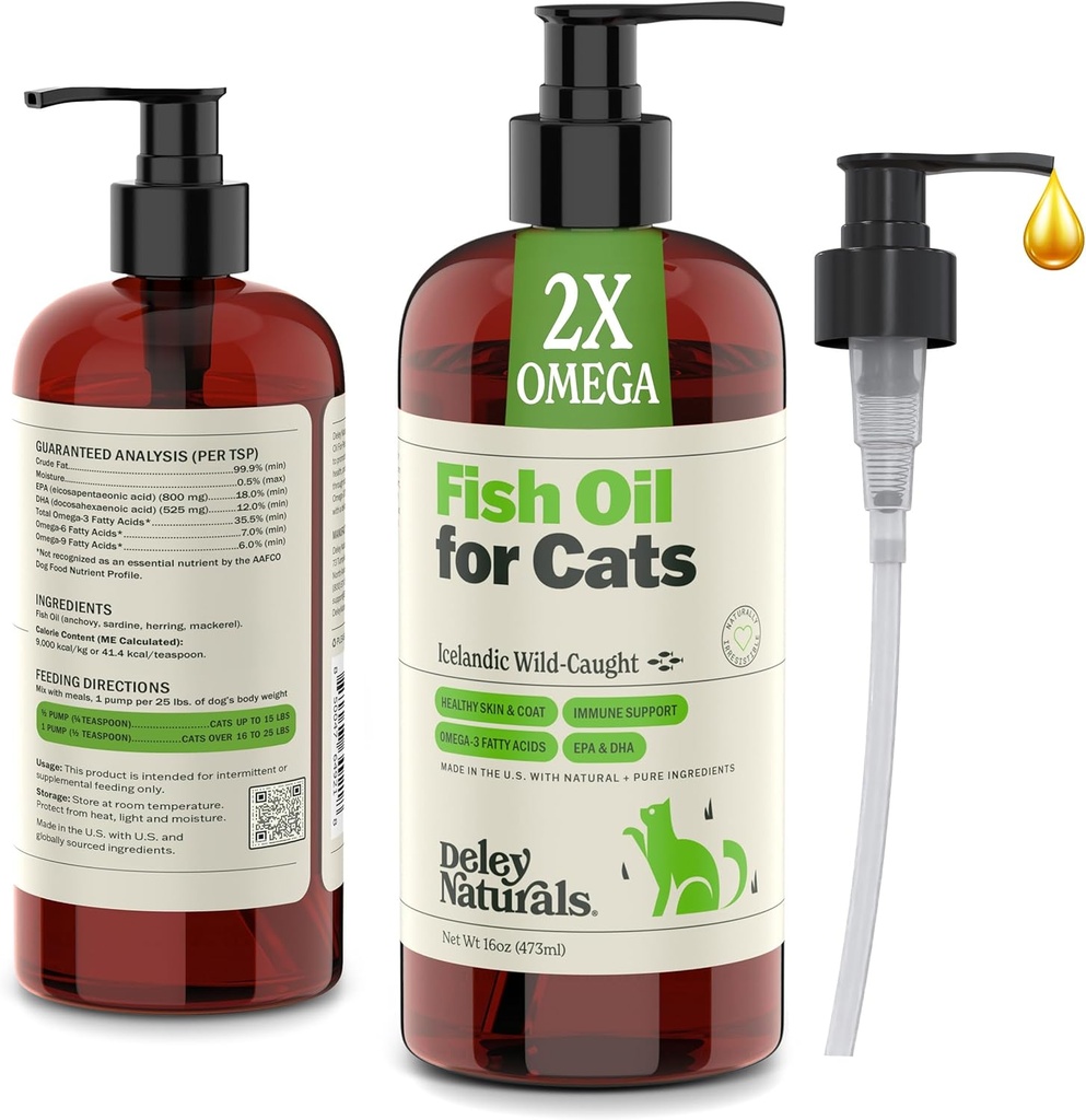 Deley Naturals Wild Caught Fish Oil pre mačky s 2X Omega - Cat Fish Oil s najvyššou EPA & DHA Potency - Omega 3 pre mačky pre Shedding, koža, kabát, kĺby, srdce a imunitný systém - Made in the USA