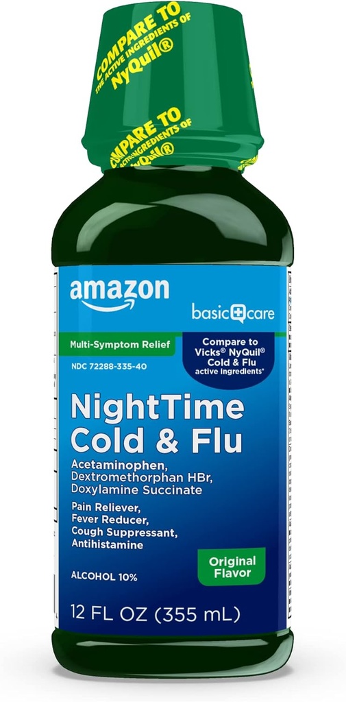 Basic Care Nighttime Cold and Flu Medicine, Maximum Strength, Original flavor Liquid, Multi-Symptom Relief, 12 fl oz (Pack of 1)