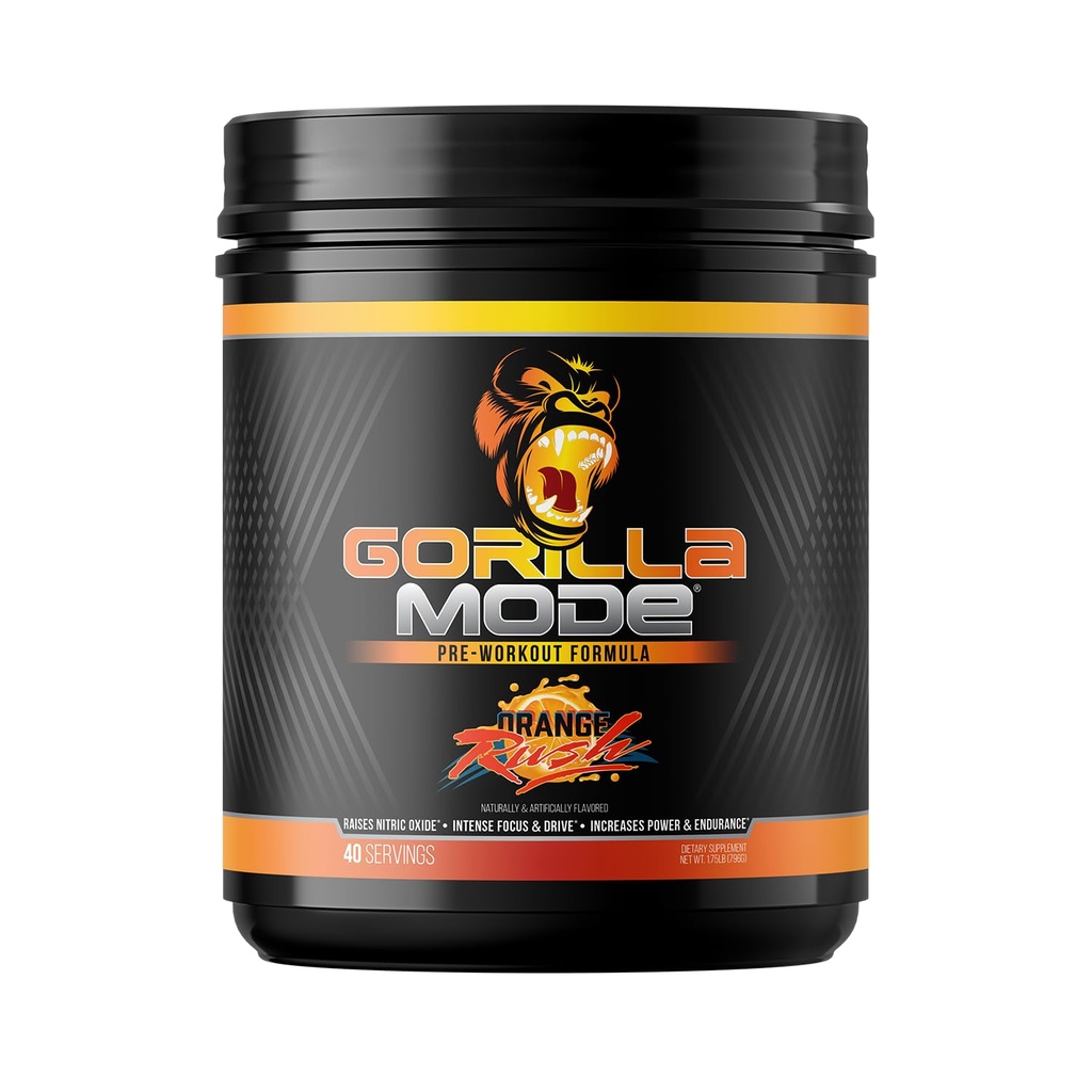 Gorilla Mind Pre Cvičenie - Masívne čerpadlá Laser Focus Energy Power - L-Citrulín, Kreatín, L-Tyrosín, Betaín, Hydroprime, Alpha-GPC, 400mg kofeín, Huperzine A - 796g (Orange Rush)