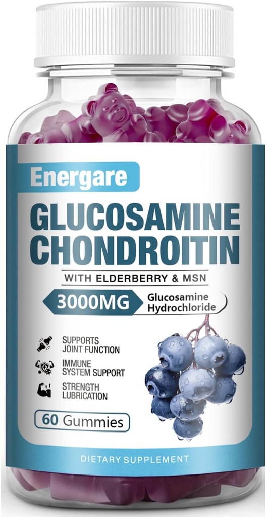 1 balenie 3000mg Glukozamín Chondroitín s MSM Gummies & Elderberry, extra sila Zdravie podpory kĺbu, Flexibilita, Antioxidant, Immum Supplement Gummy pre dospelých, Muži a ženy 60 grófov