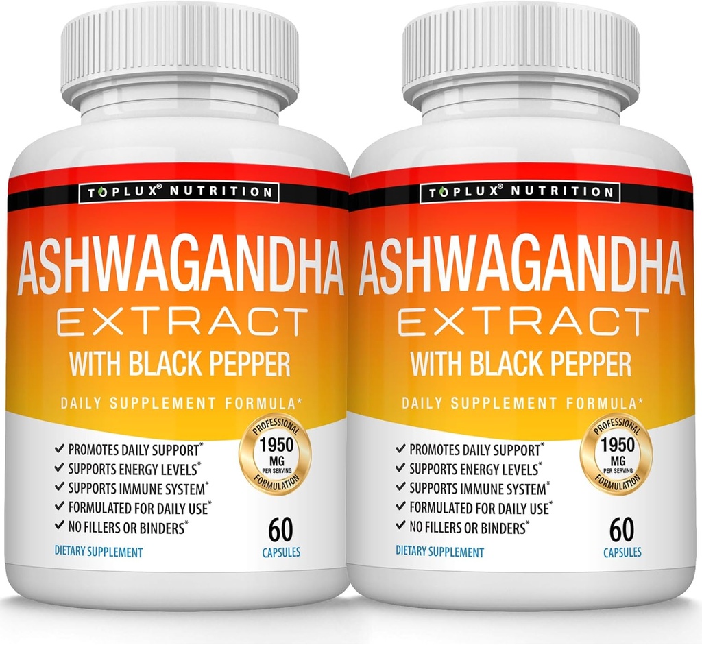 Organic Ashwagandha Root Powder Pills 1950 Mg with Black Pepper Extract - Pure Natural Ashwagandha Supplement, Support Energy, for Muži Ženy, 60 Kapsule