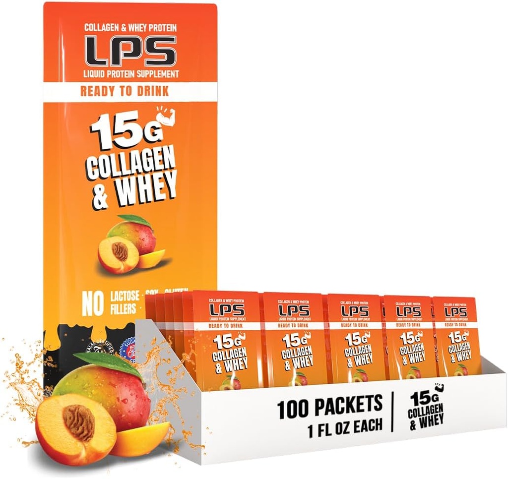 Výživové návrhy LPS Liquid Collagen & Whey Protein Supplement - Non-GMO nápoj, bez cukru - podporuje zdravú pokožku a vlasy pre mužov a ženy, Peach Mango, Single Serve (100 paketov)