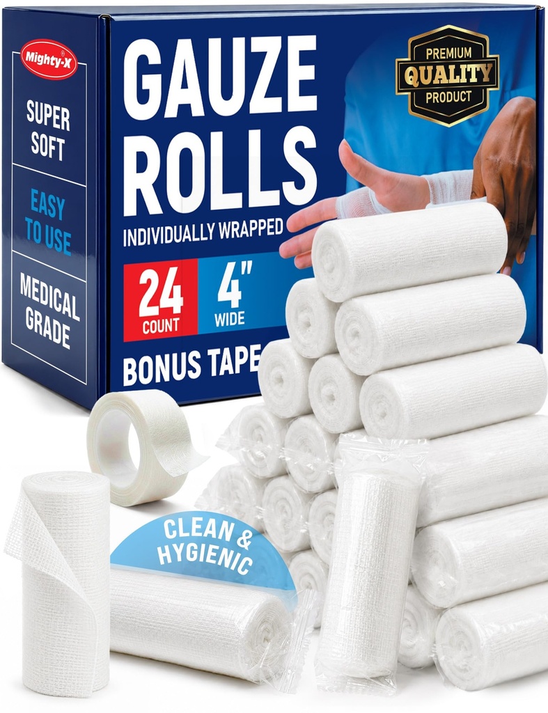 Gázové rolky - 24 balenia - 4" x 4,1yd priedušná rolovaná gáza - individuálne zabalená s Bonusovou páskou - prvá pomoc na tvárnenie pruhu pre rany - múmia