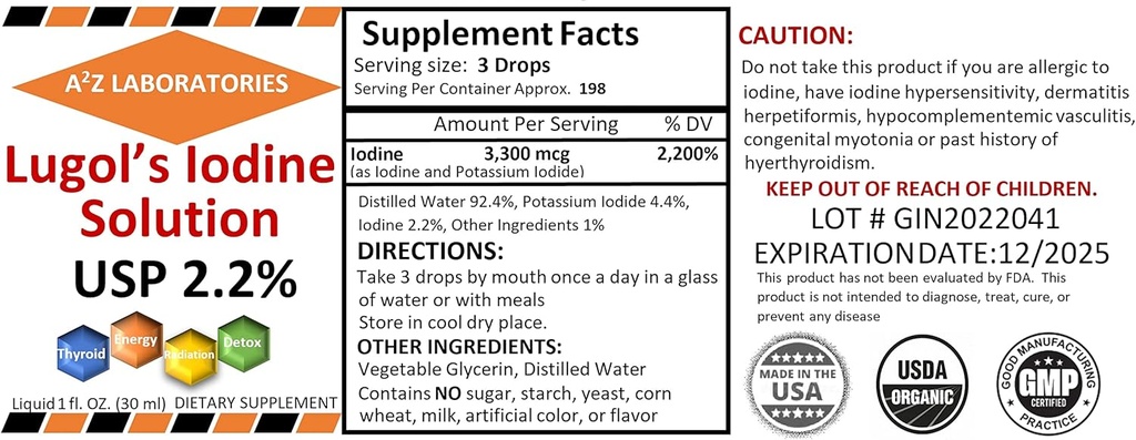 Generic A2Z Organic Lugol's Iodine and Draseline Iodide 2.0% Solution, 1 Fl Oz - Liquid Supplement kvapky na podporu štítnej žľazy, Detox, Metabolizmus, Made in USA