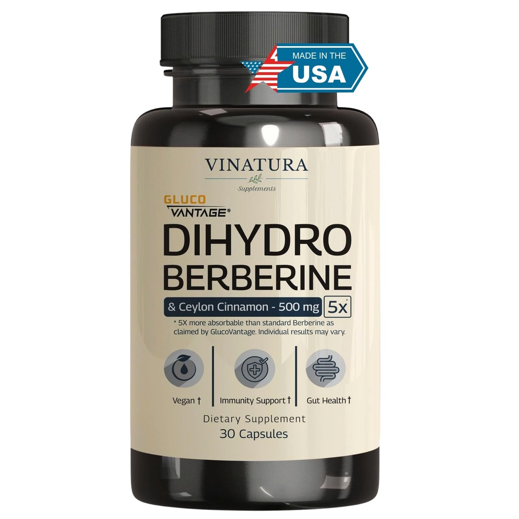 VINATURA dihydroberberberberberberine Supplement with Ceylon škorica, 500mg - (Patented GlucoVantage Super Berberine), Maybe Berberine 5X More absorbable - 30 Kapsule