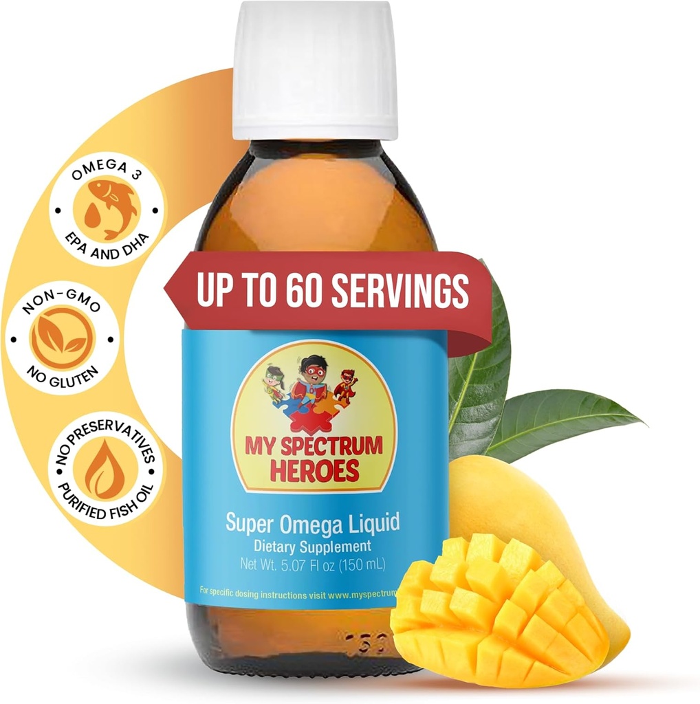 Môj Spectrum Heroes Fish Oil Supplement for Children - Omega 3 for Neural Assistance, Ilung & Immune Aid - EPA & DHA for Brain & Eye - Kids & Adult Liquid Supplement - 5.07oz (150 ml)