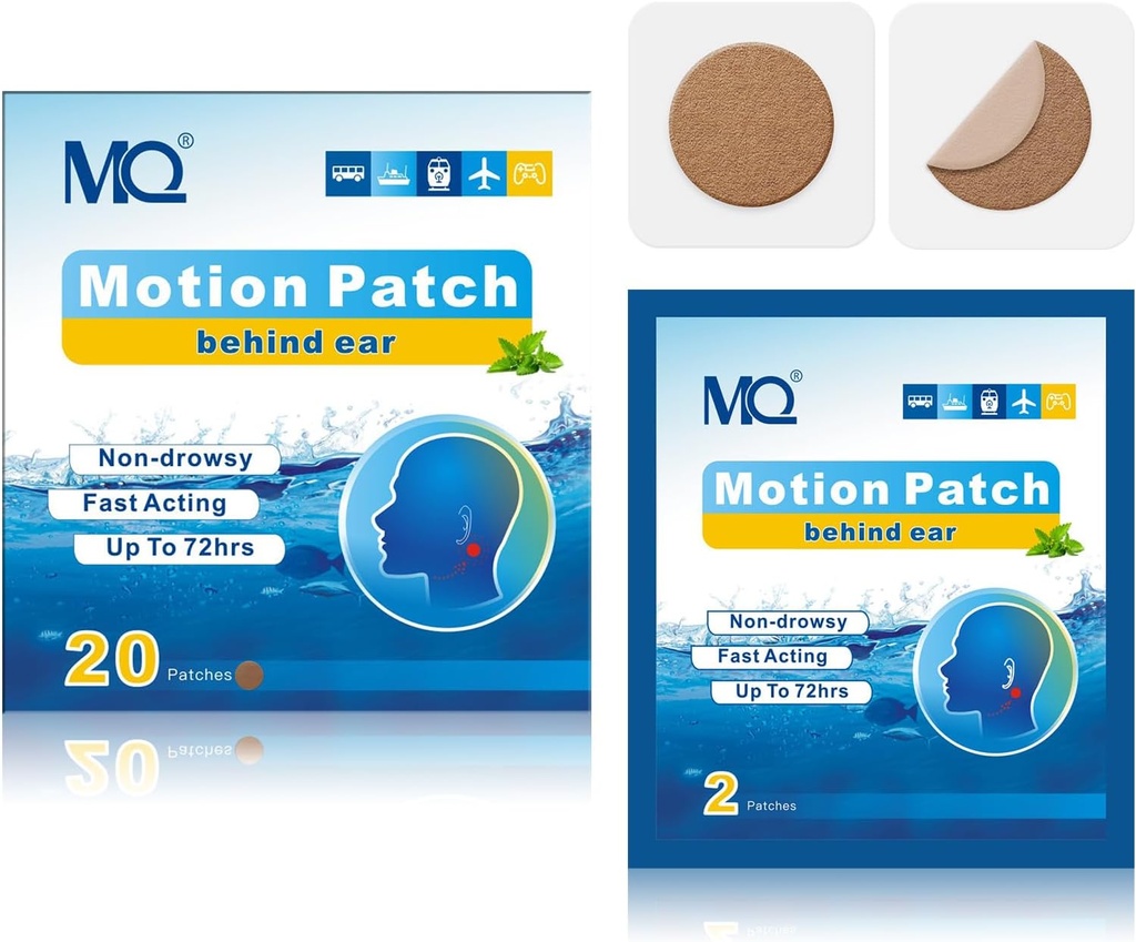 MQ 20ct Motion Disease Patches, tmavá farba, Morská choroba Patches Non Drowsy & Waterproof, Cruise Ship Travel Essentials, Fast Acting & Long Lasting 72H