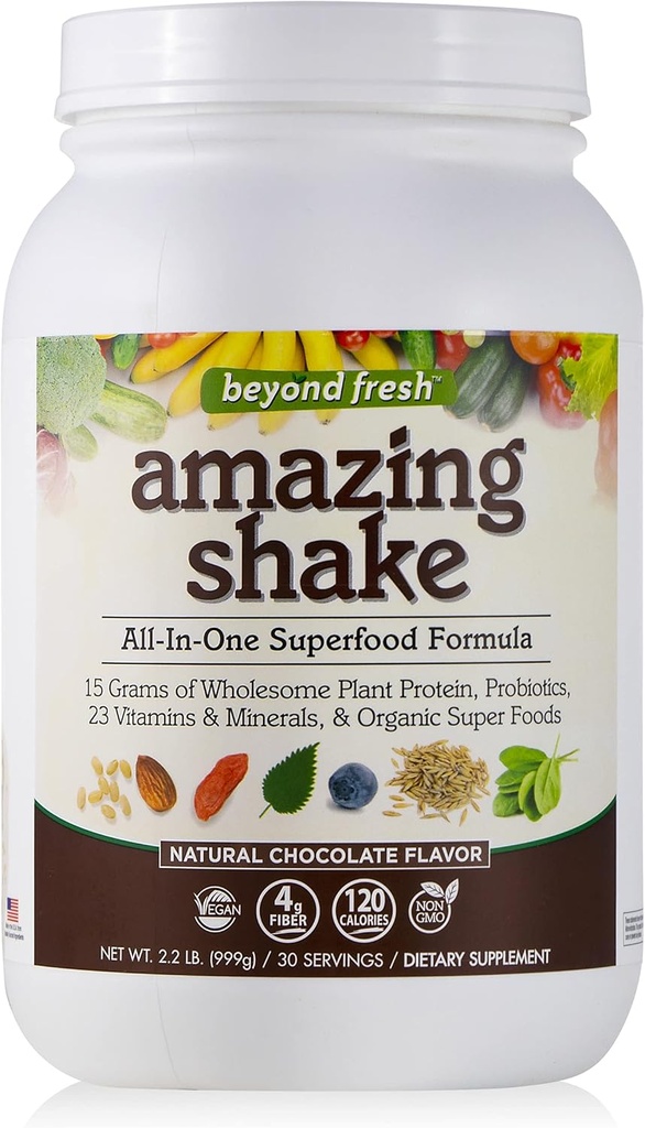 Okrem čerstvého Amazing Shake, Superfood Formula, Rastlinné bielkoviny na báze, Nízke čisté sacharidy, Celopotravinový proteín, Nahradenie jedla, Prírodná čokoládová príchuť, 999 Grams, biela