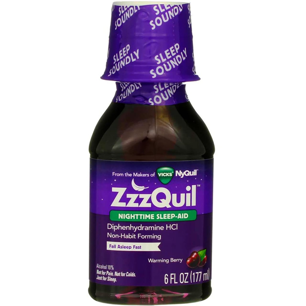 ZzzQuil, Nighttime Sleep Aid Liquid, 50 mg Difenhydramine HCl, No.1 Sleep Aid Brand, Fall Asleep Fast, Non-Habit Forming, Warming Berry Flavor, 6 FL OZ