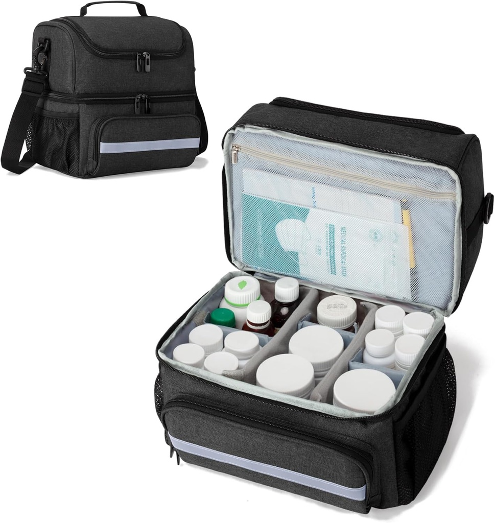 CURMIO Storage Bag, Double Layers pilulky Organizátor fľaše s vnútornými rozdeľovačmi pre lieky, Vitamíny, Fľaše na predpis, Lekárske potreby, Čierna (Patent Design)