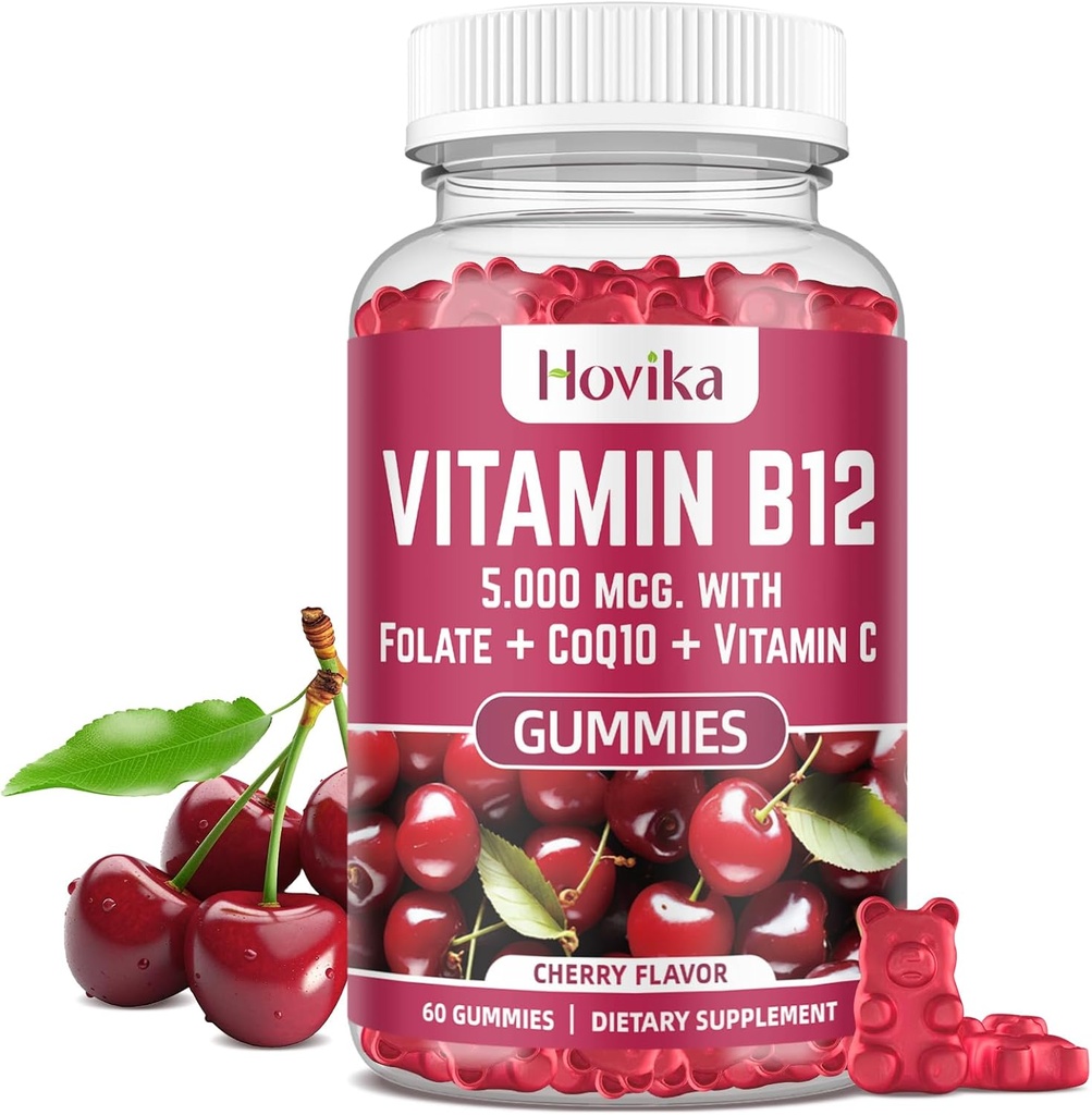 Vitamin B12 Complex 5000 mcg Methyl B12, Adenosyl B12 & Hydroxy B12, with Coenzyme Q10, Folate, Vitamin C, Chewable B 12 for Energy Support, Metabolism, Bone Health - Cherry Flavor